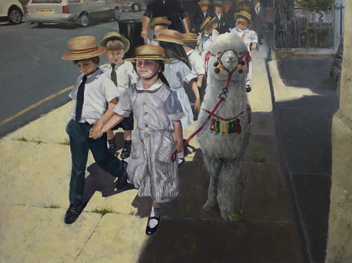 Oil painting of children walking with an alpaca by Leah Wiedemer