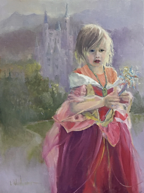 Oil painting of a young girl playing dress up