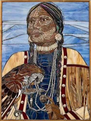 mosaic of an indigenous woman and owl by Donna Grossman