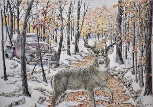 Pencil drawing of a deer and vintage car in the woods by Brian Binder