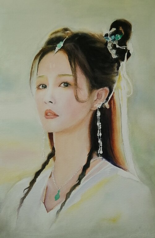 Portrait of a young Asian woman in watercolor by Qingzhu Lin