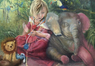 Oil painting of a small girl and toy elephant