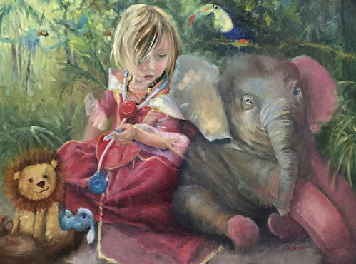 Oil painting of a small girl and toy elephant