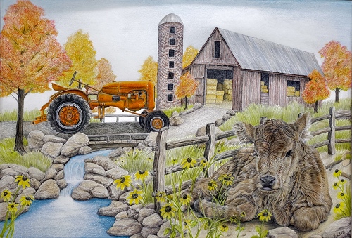 Farm landscape in colored pencil by Brian Binder
