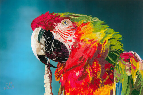 Scarlet Macaw, hand embroidered by David Poyant
