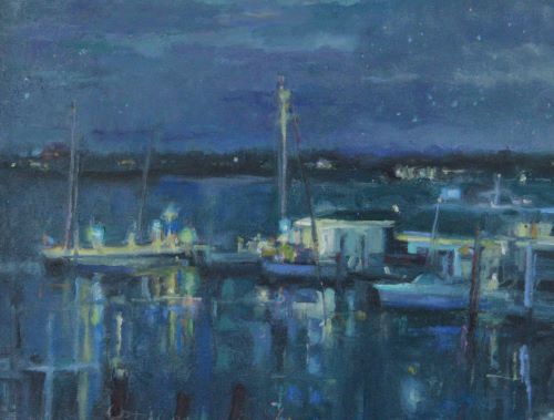 Oil painting of a marina with boats by Pat Maguire