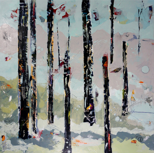 mixed media semi-abstract forest landscape by Patricia Raible