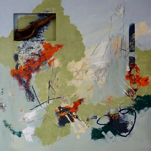 Abstract mixed media painting with found object by Patricia Raible