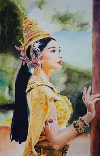 Watercolor painting of a Thai woman in traditional costume by Qingzhu Lin
