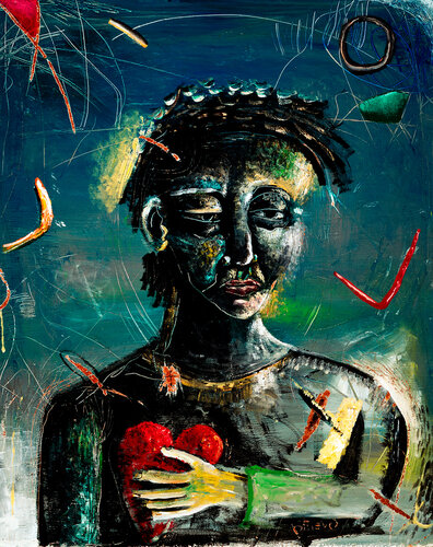 Surreal painting of a boy with a big heart by Joseph Coventry