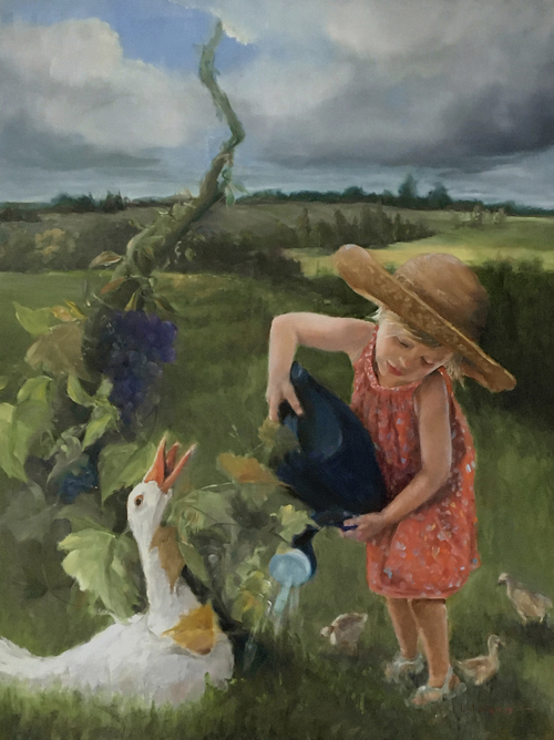Oil painting of a young girl in a rural scene by Leah Wiedemer