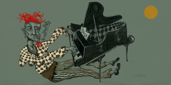 whimsical figurative painting of a man playing a piano by Joseph Coventry
