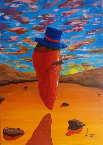 Surreal paining of a chili wearing a hat in a landscape by artist Anže Ivanuš