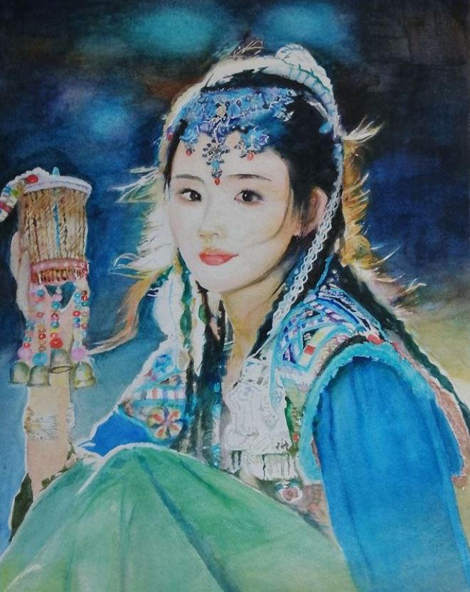 Watercolor portrait of a Tibetan girl by Qingzhu Lin
