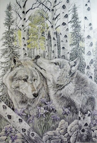 Pencil drawing of a pair of wolves by Brian Binder