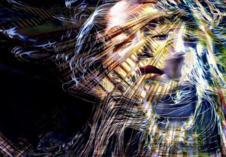 Layered digital art composition wth a woman's portrait