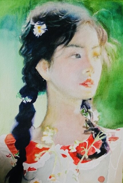 Watercolor portrait of a beautiful Asian woman by Qingzhu Lin