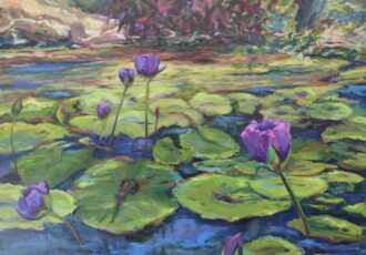 Oil painting of waterlilies on a pond by Pat Maguire