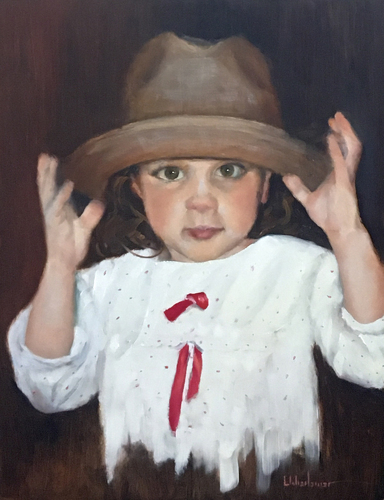 Oil painting of a young child wearing a hat by Leah Wiedemer