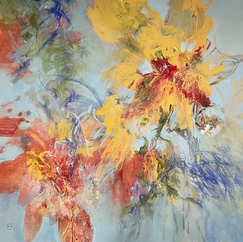 Floral painting mixed media by Ellen Hathaway