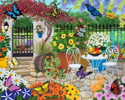 whimsical illustration of a butterfly garden