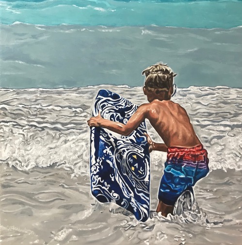 oil painting of a young boy at the beach