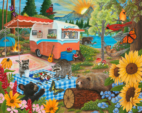 Whimsical illustration of a campsite