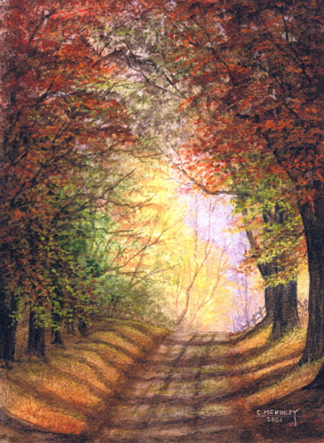 watercolor painting of a wooded lane by Carl McKinley