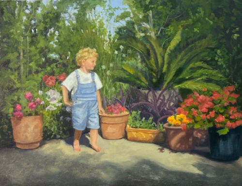 oil painting of a young boy in a garden by Pat Wattam