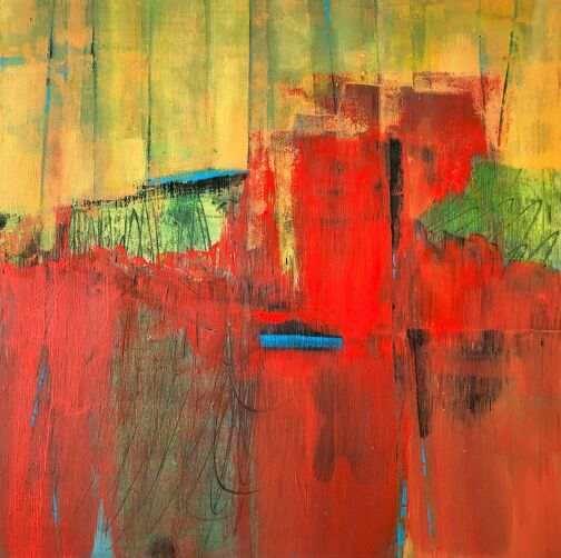 Mixed media art depicting red cliffs by Deb Hall