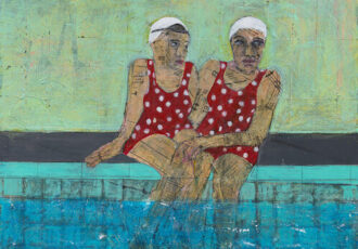 Mixed media painting of two swimmers by Dobee Snowber