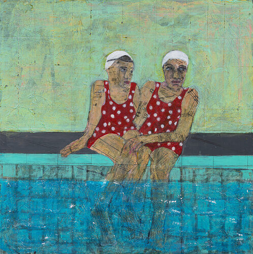 Mixed media painting of two swimmers by Dobee Snowber
