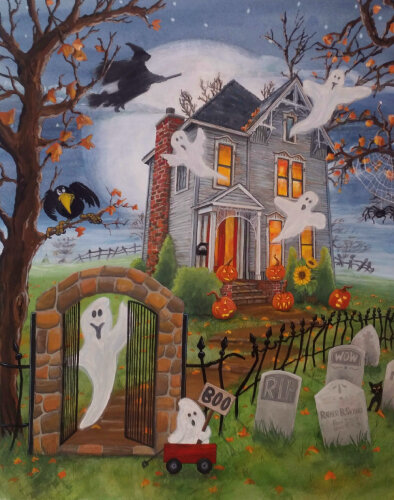 whimsical haunted Halloween scene