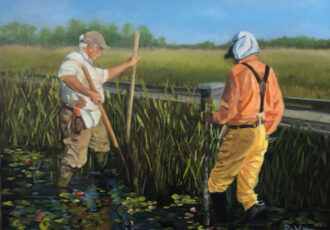 Painting of two men wading by Pat Wattam