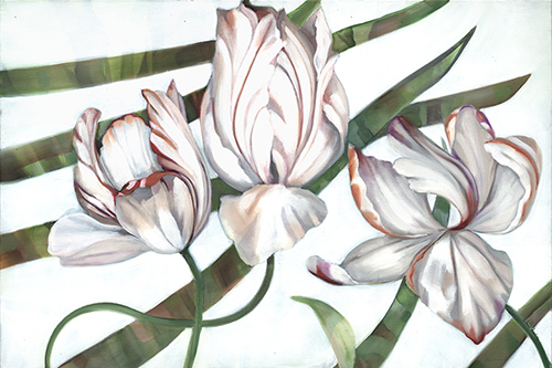 Painting of white iris on a pattern by Louise Montillio