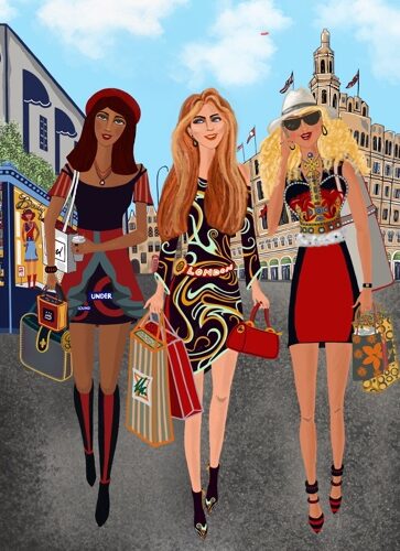 whimsical digital illustration of girls shopping in London