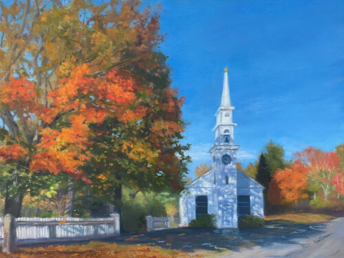 Oil painting of a church in a fall landscape by Pat Wattam