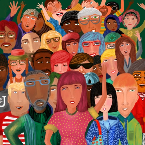 whimsical digital drawing of a crowd of people 