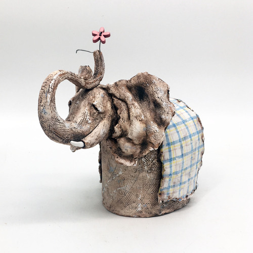 Handbuilt ceramic elephant sculpture by Mary Means