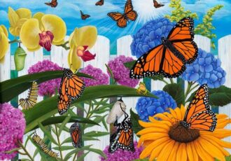 Colorful illustration of Monarch butterflies