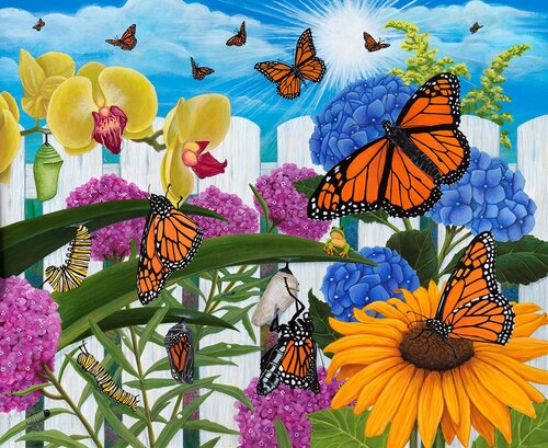 Colorful illustration of Monarch butterflies