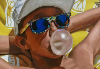 Oil painting of a boy blowing bubble gum