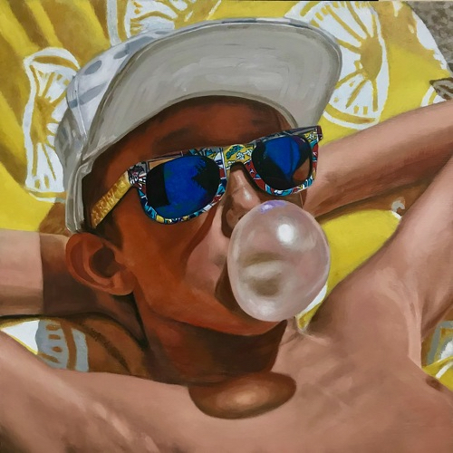 Oil painting of a boy blowing bubble gum