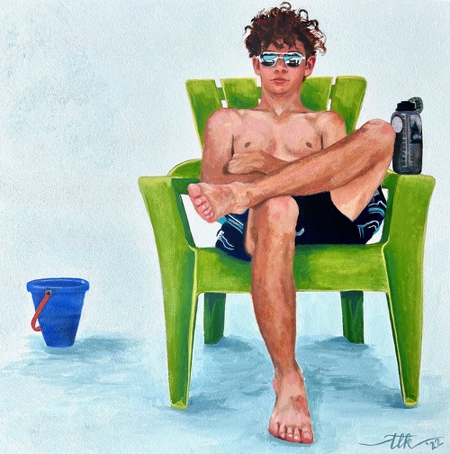 oil painting of a young man in a pool chair