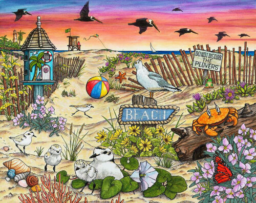 whimsical illustration of a beach scene