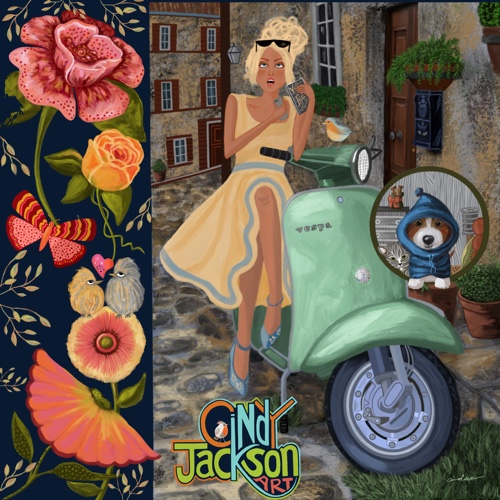 whimsical digital art illustration of a girl on a scooter by Cindy Jackson