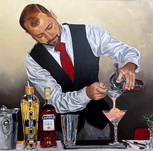 oil painting of a bartender mixing a drink