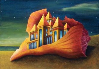 Surreal painting of a seashell house by Bradley Pattison