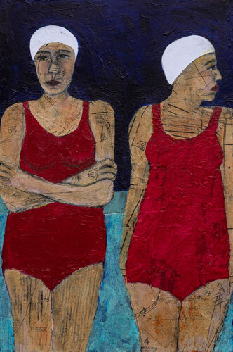 Mixed media painting of two swimmers by Dobee Snowber