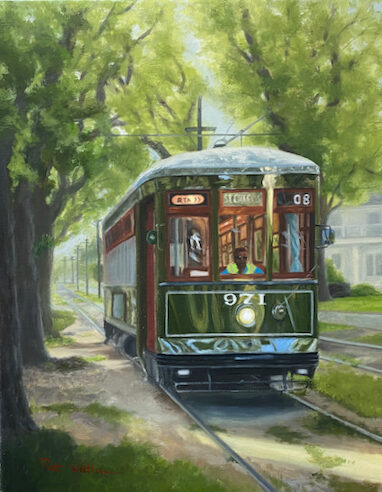 Painting of a streetcar by artist Pat Wattam